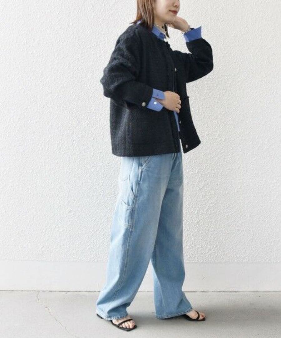 新品　SHIPS any ノーカラー ツイード ジャケットNAVYBLUE