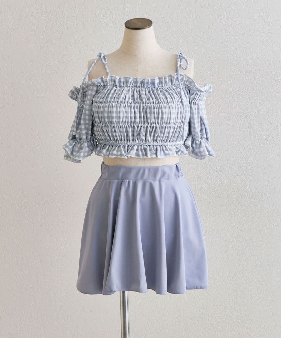 nice claup 3点セット　シャーリング 水色ギンガムチェック　水着