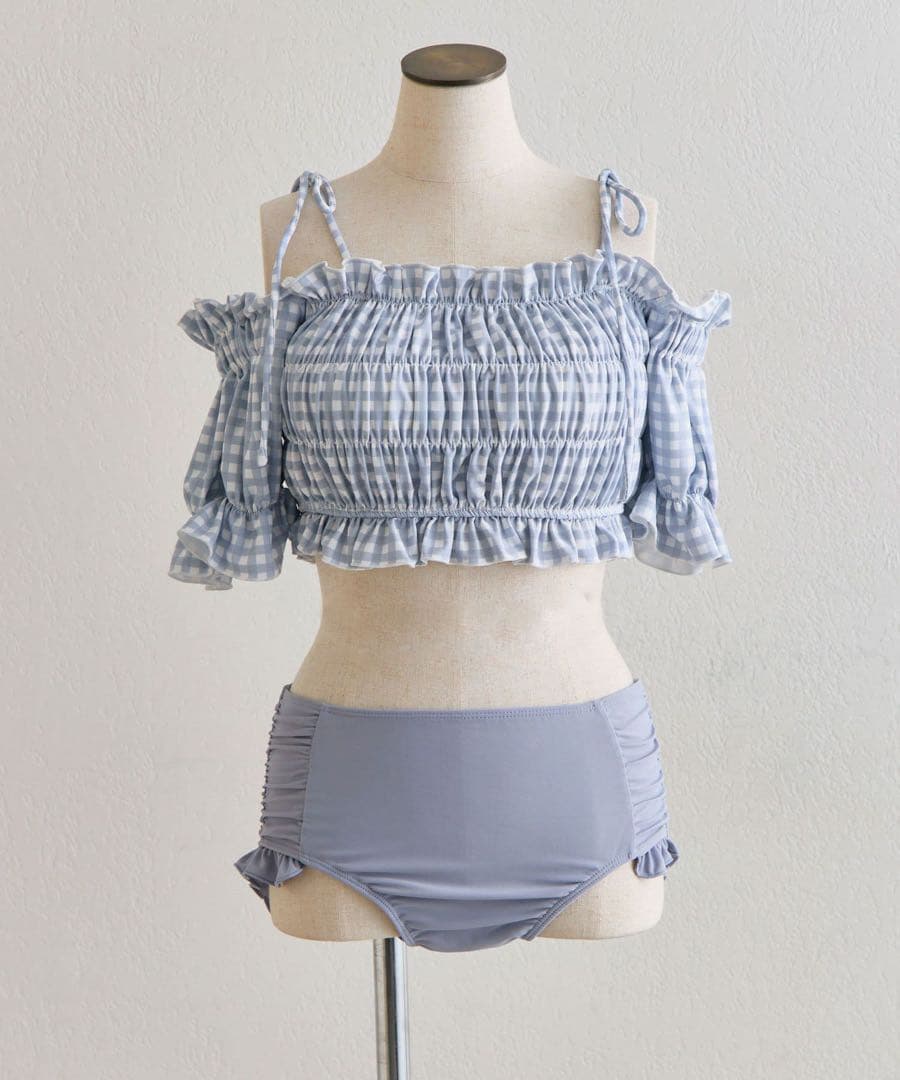 nice claup 3点セット　シャーリング 水色ギンガムチェック　水着