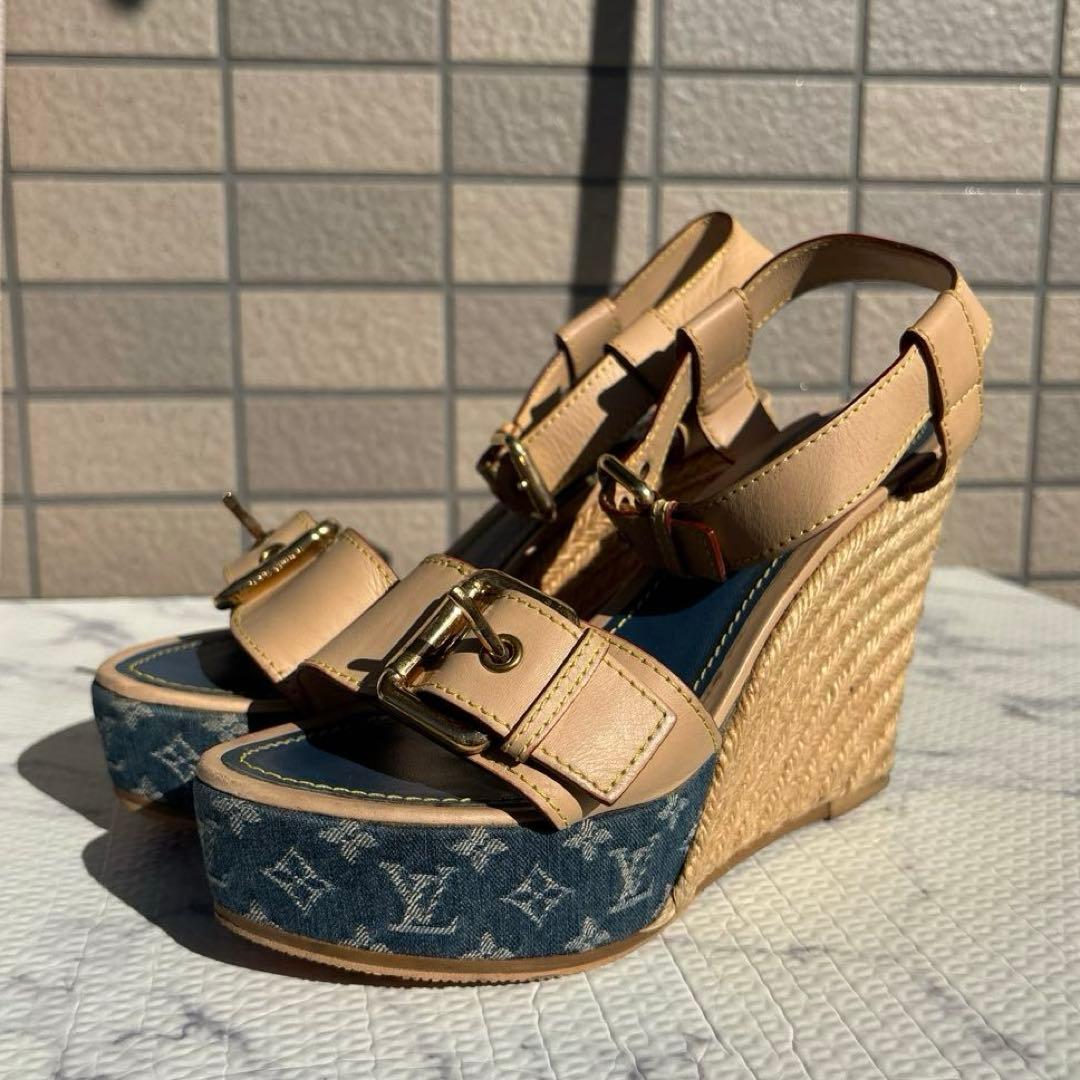 ルイヴィトン　厚底サンダル　デニム　モノグラム　シューズ　スニーカー　LV