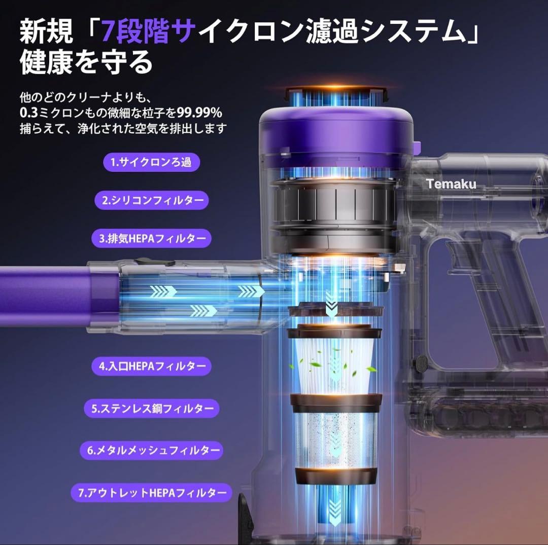 コードレス 掃除機 80KPa超強力吸引 65分連続稼働 自立式 サイクロン軽量
