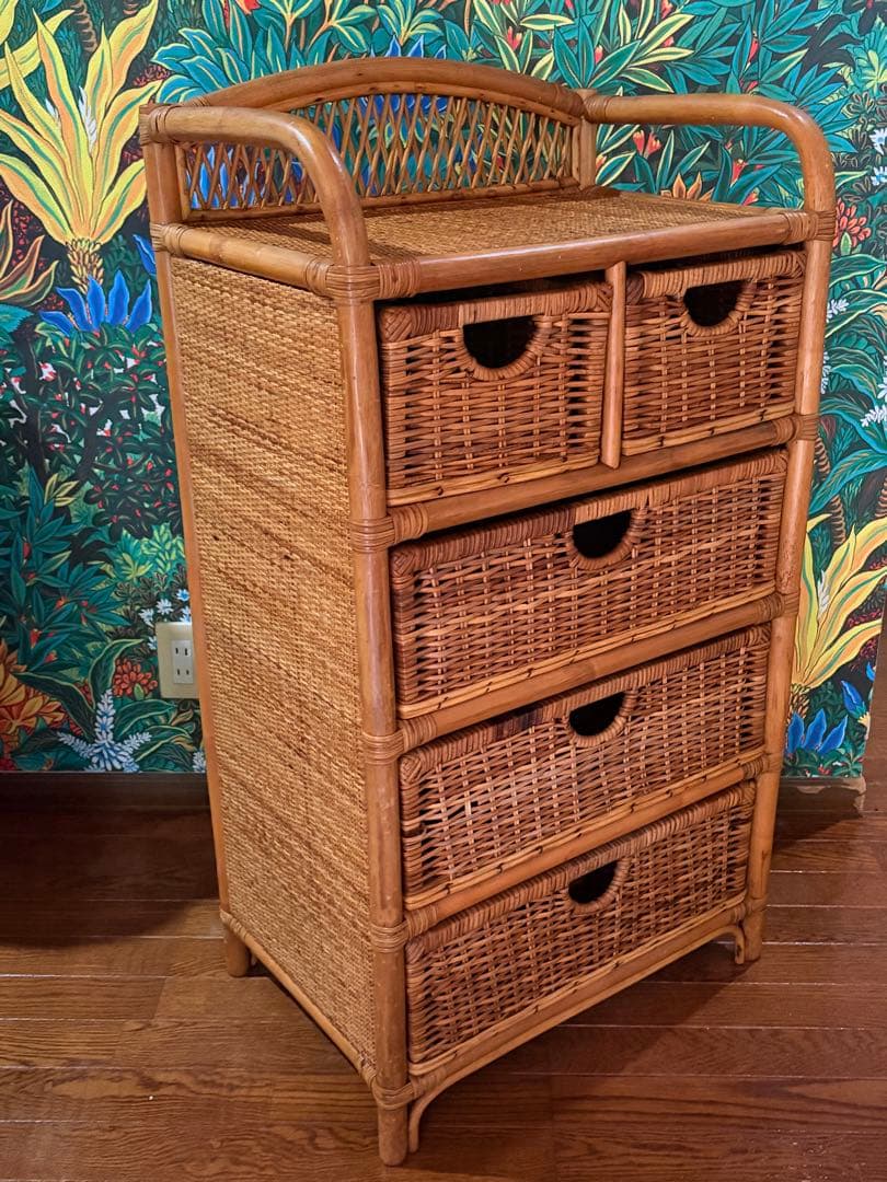 美品■昭和レトロ ラタン 4段　チェスト箪笥 コイズミ