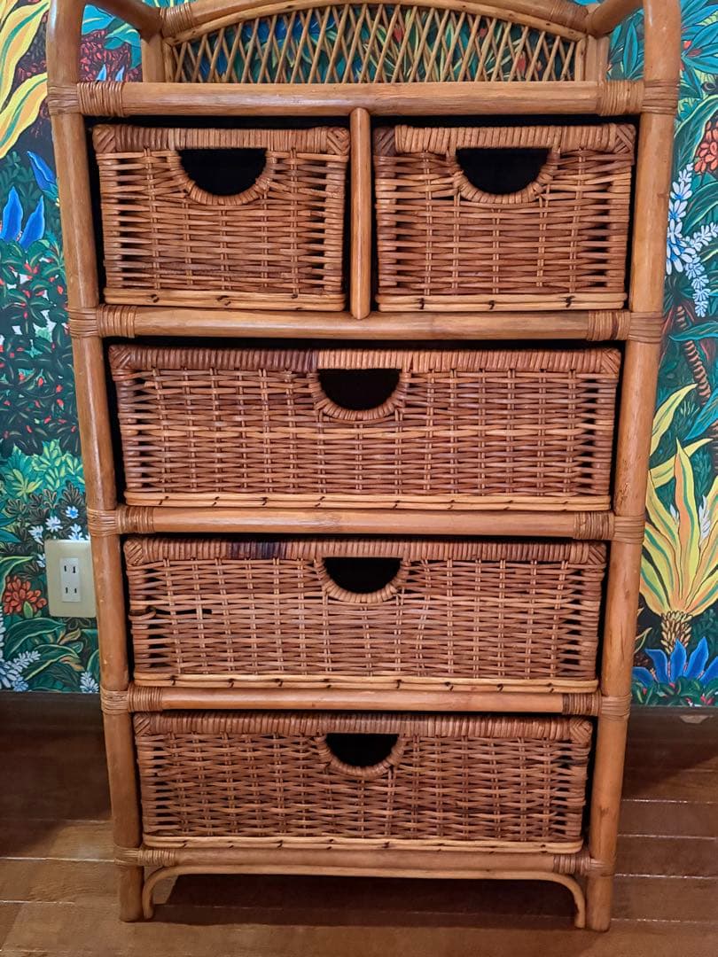 美品■昭和レトロ ラタン 4段　チェスト箪笥 コイズミ