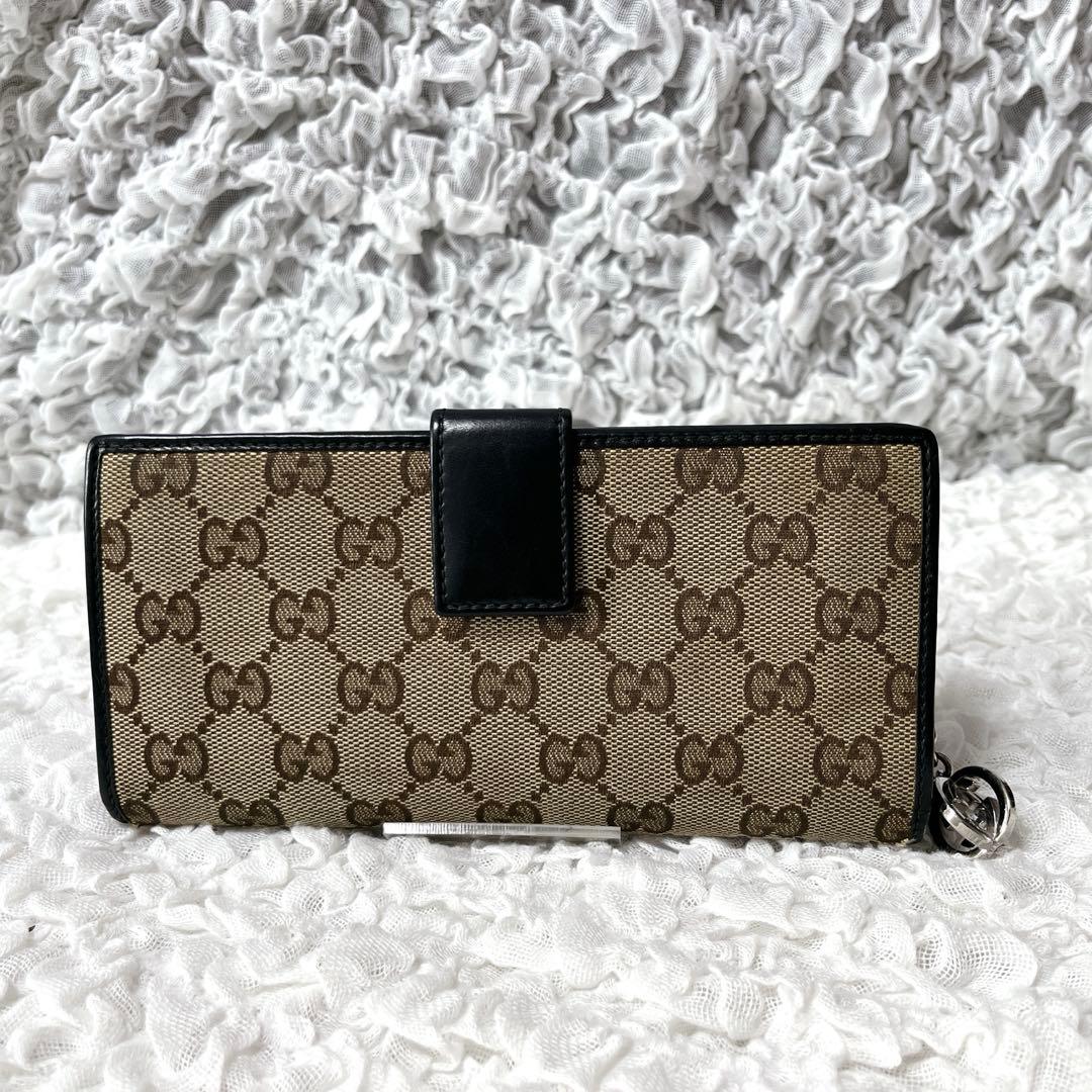 希少✨グッチ　長財布　キャンバス　ラウンドファスナー　GG柄　チャーム　インター
