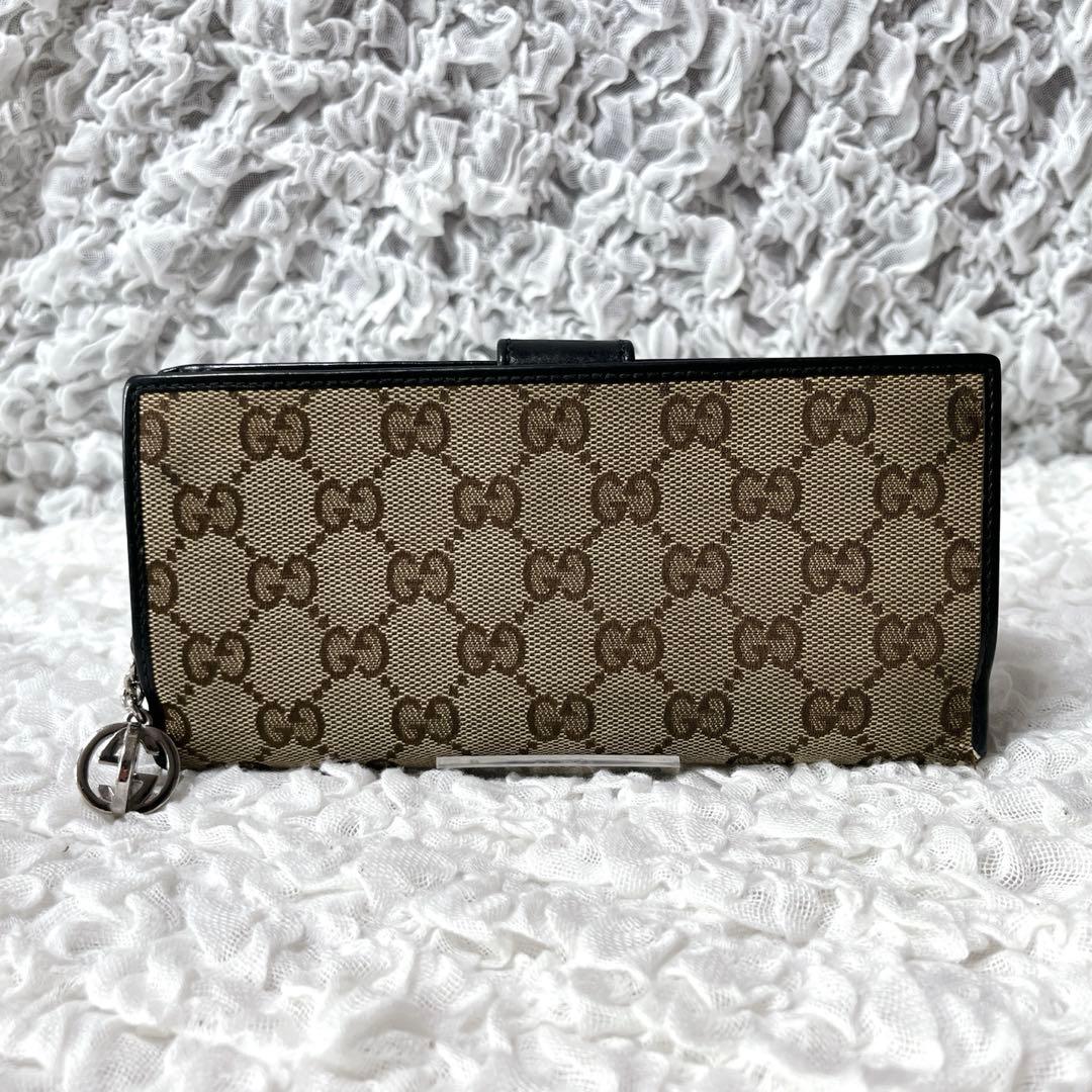 希少✨グッチ　長財布　キャンバス　ラウンドファスナー　GG柄　チャーム　インター
