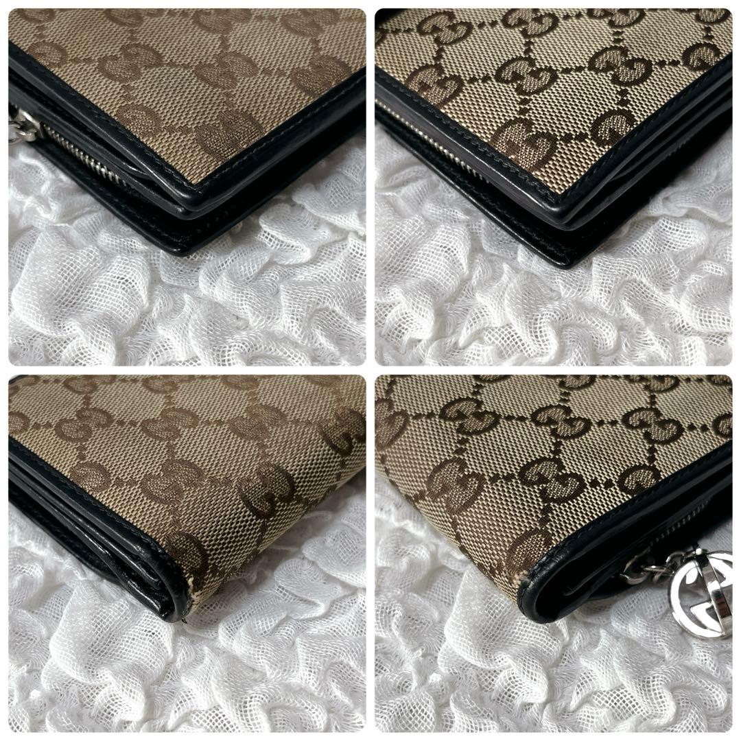 希少✨グッチ　長財布　キャンバス　ラウンドファスナー　GG柄　チャーム　インター