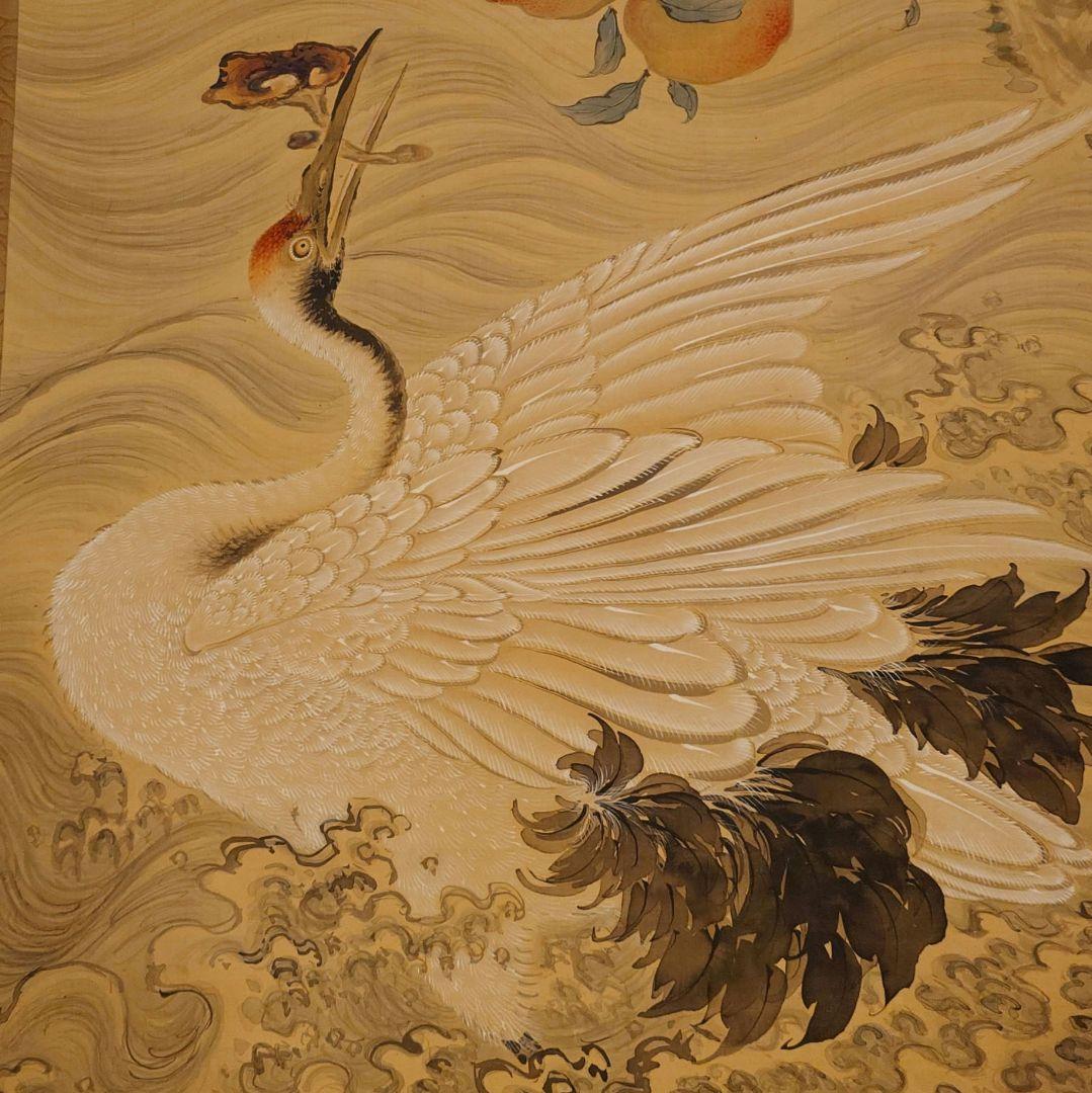 瀧和亭 貞信 海鶴蟠桃図 掛軸 箱書有 大判 明治期