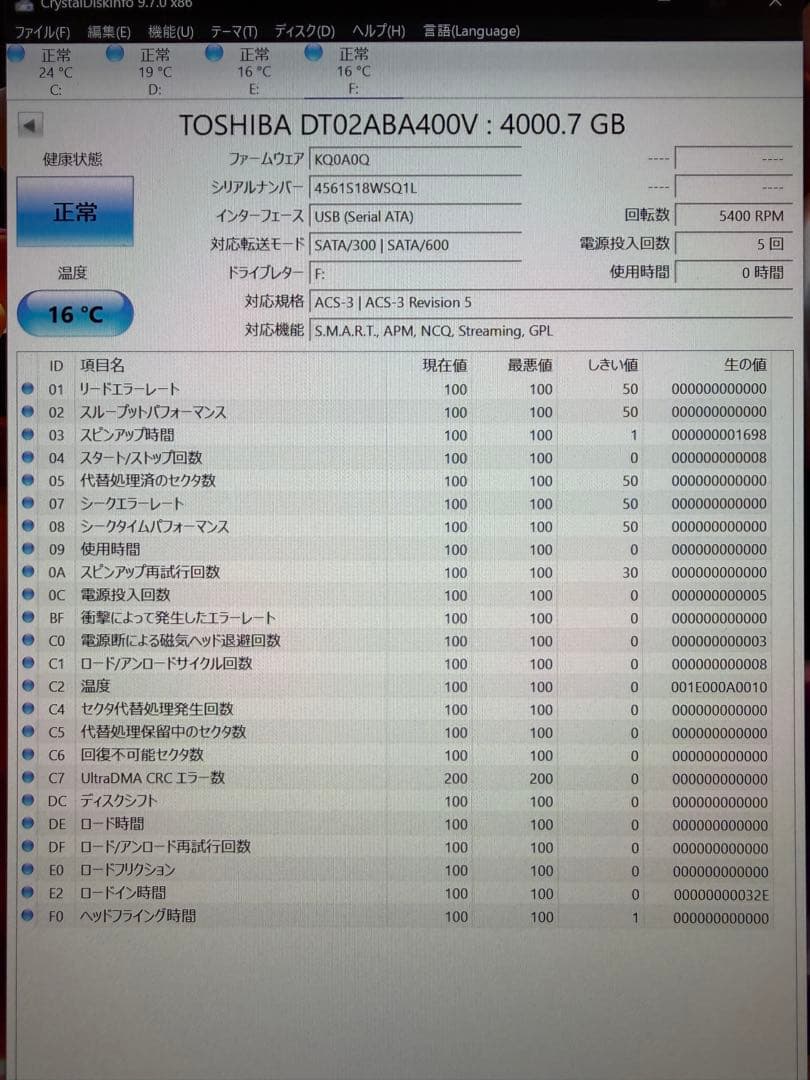 ほぼ新品TOSHIBA 4TB 3.5インチ　DT02ABA400V HDD