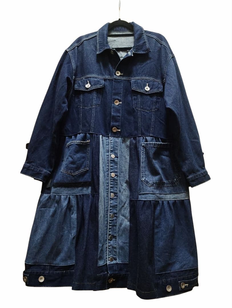 古着リメイク　編み上げリボンのの可愛いGジャンデニムリメイクロングジャケット