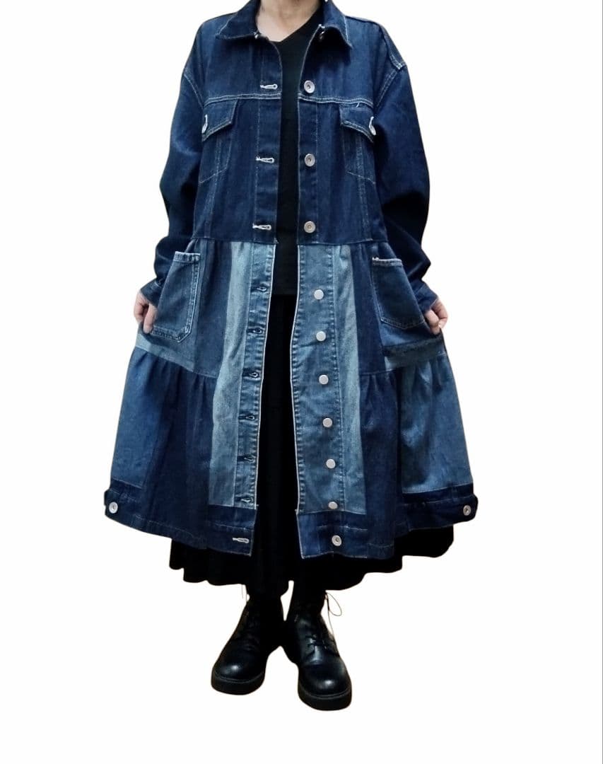 古着リメイク　編み上げリボンのの可愛いGジャンデニムリメイクロングジャケット