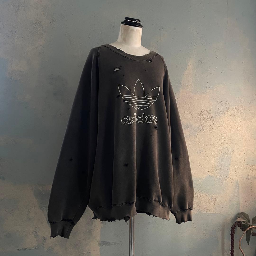 80's 万国旗タグ“adidas”墨黒“USA製”boro sweat