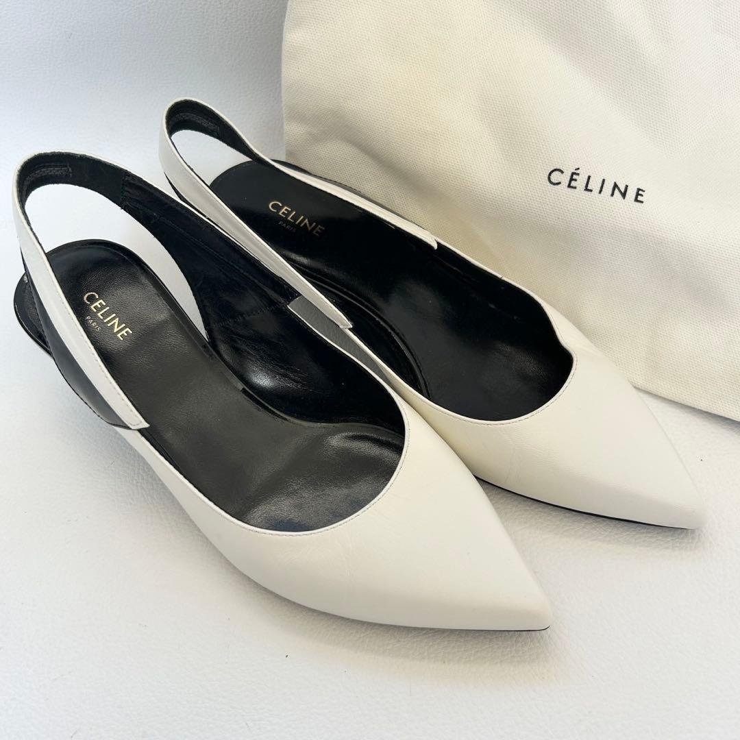 極美品✨セリーヌ 19SS バックスリングパンプス レザー エディ 白 35