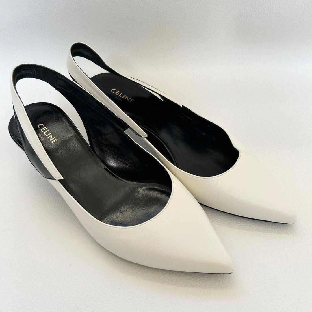 極美品✨セリーヌ 19SS バックスリングパンプス レザー エディ 白 35