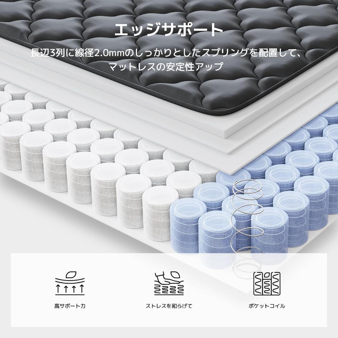 マットレス セミダブル 極厚20cm 硬め ポケットコイル 硬さ180N 高反発