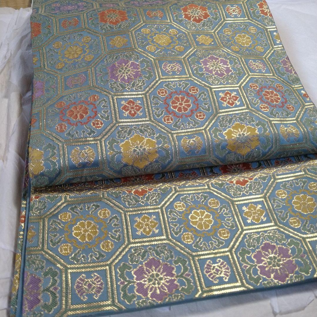 龍村晋謹製　傳匠名錦　全通柄袋帯　吉祥亀甲　金糸　たとう紙付