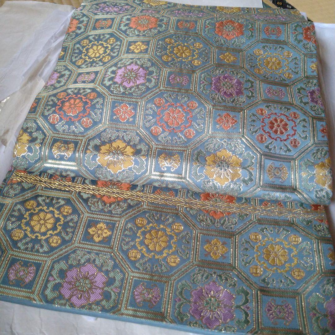 龍村晋謹製　傳匠名錦　全通柄袋帯　吉祥亀甲　金糸　たとう紙付