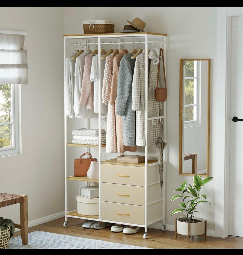 ホワイトハンガーラック・3杯引出し付き板可動式組み替えOK スリムタンス付き