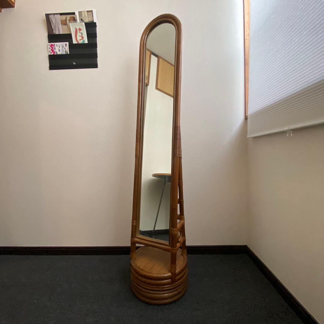 籐 ラタンフレーム 回転式 スタンドミラー 姿見鏡 全身鏡 回転鏡 回転ミラー