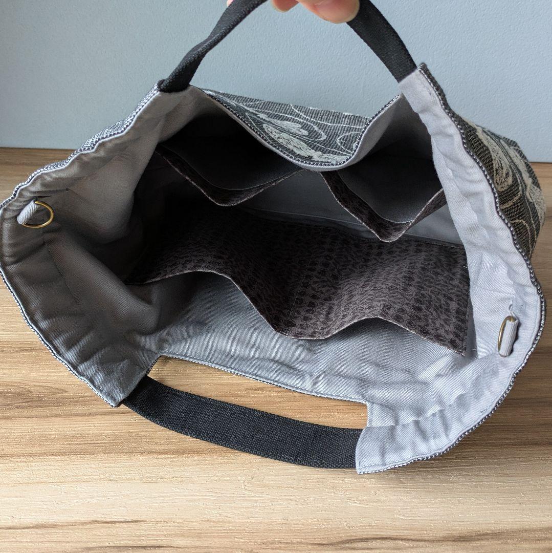 ミナペルホネンハンドメイドシャーリングバッグ（フォレストウイング、グレー、中）