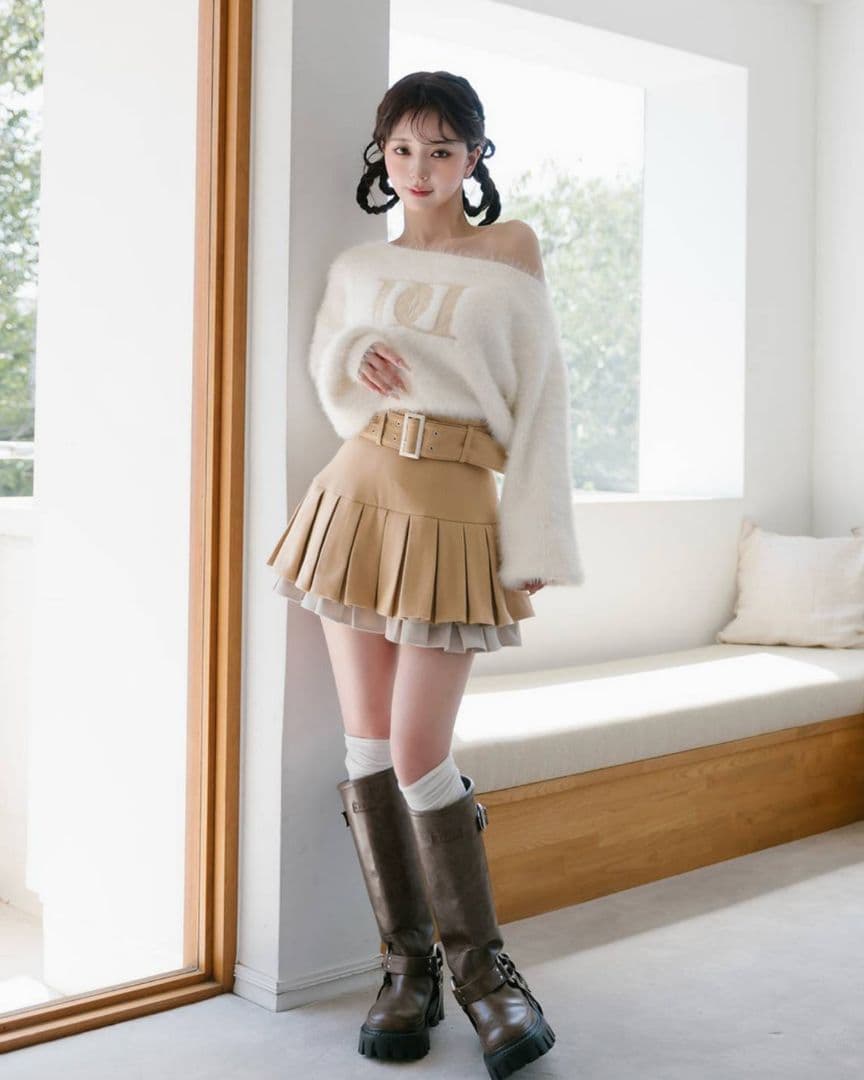 ダーリッチ ダブルプリーツミニスカート 【ベージュ】