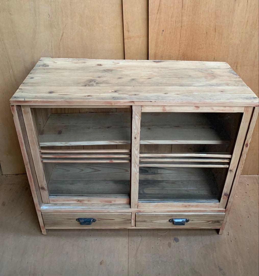 古い木全面ガラス収納陳列棚戸　引き出し2杯　店舗什器古家具