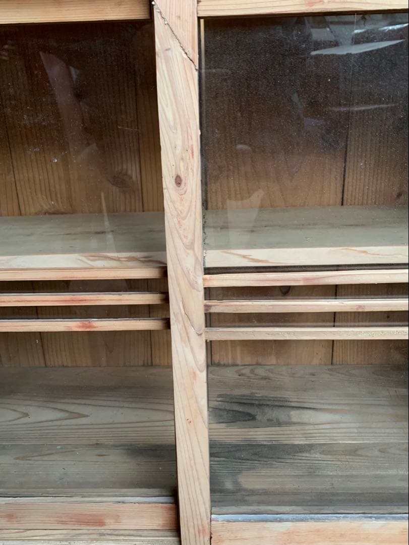 古い木全面ガラス収納陳列棚戸　引き出し2杯　店舗什器古家具