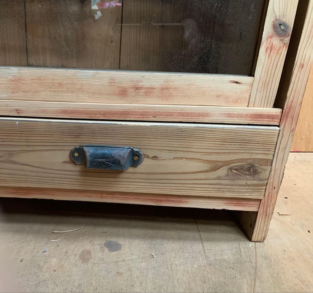 古い木全面ガラス収納陳列棚戸　引き出し2杯　店舗什器古家具