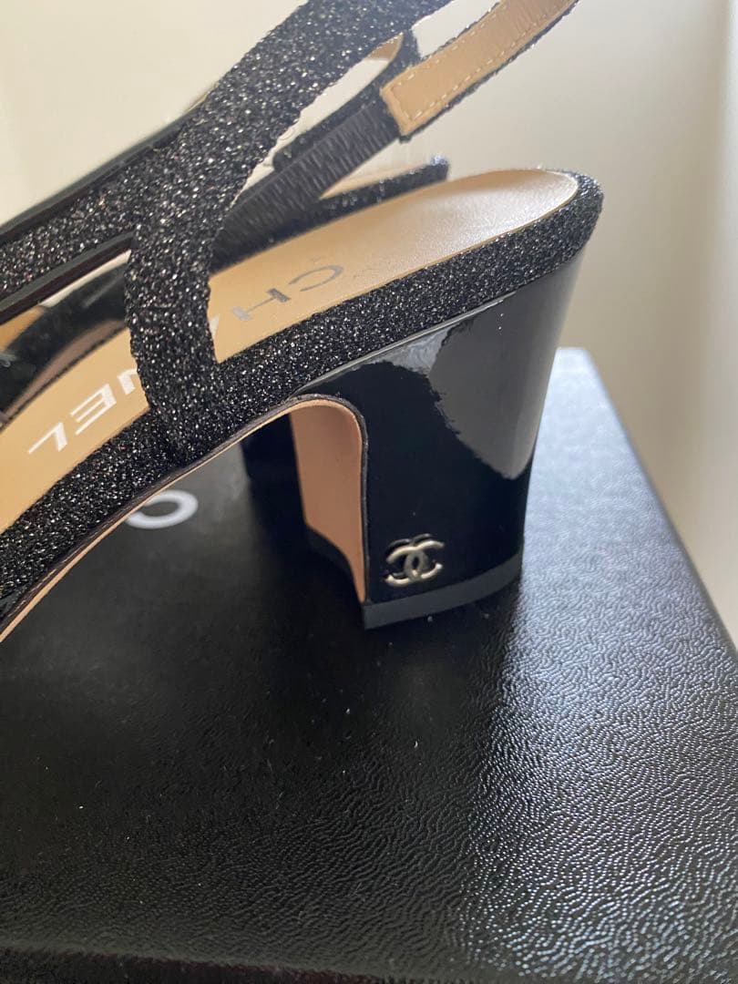 新品 CHANEL シャネル スリングバック シューズ ブラック ラメ