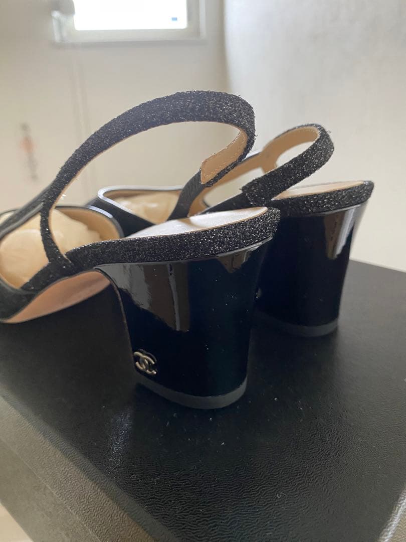 新品 CHANEL シャネル スリングバック シューズ ブラック ラメ