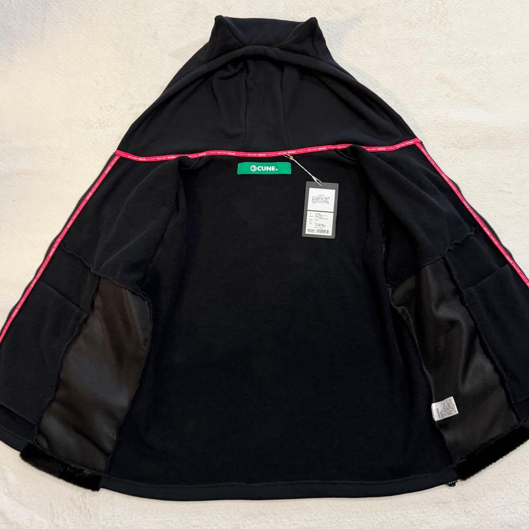 CUNE　袖ファー耳付きジップパーカー　黒　日本製　タグ付き　定価約3.5万