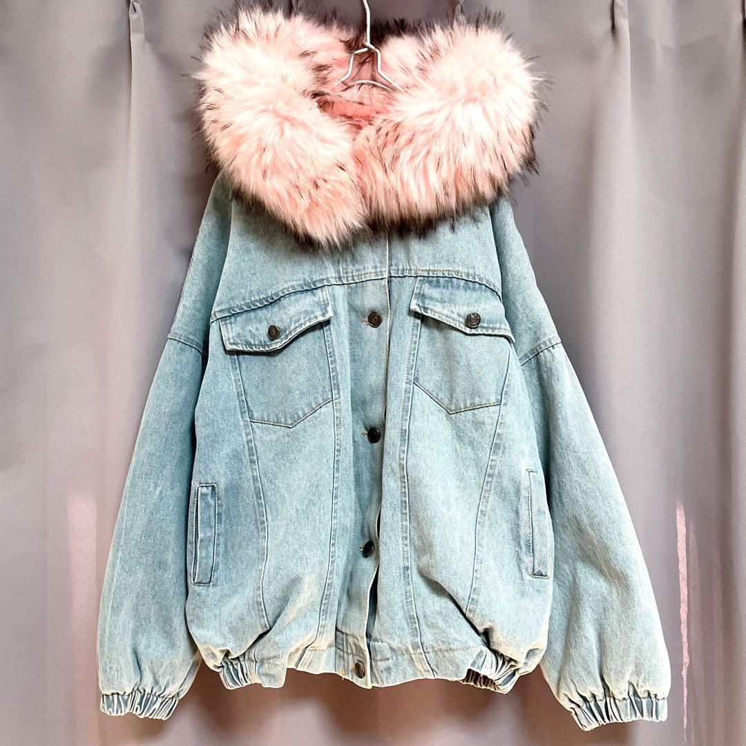 ボリュームファーオーバーサイズデニムジャケット ピンク y2k グランジ