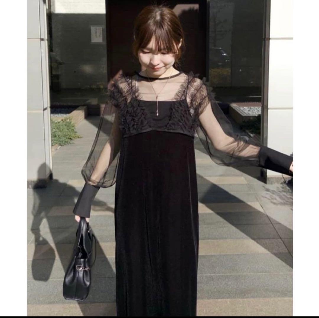 CAPRICIEUX LE'MAGE チュールフリルベロアワンピース