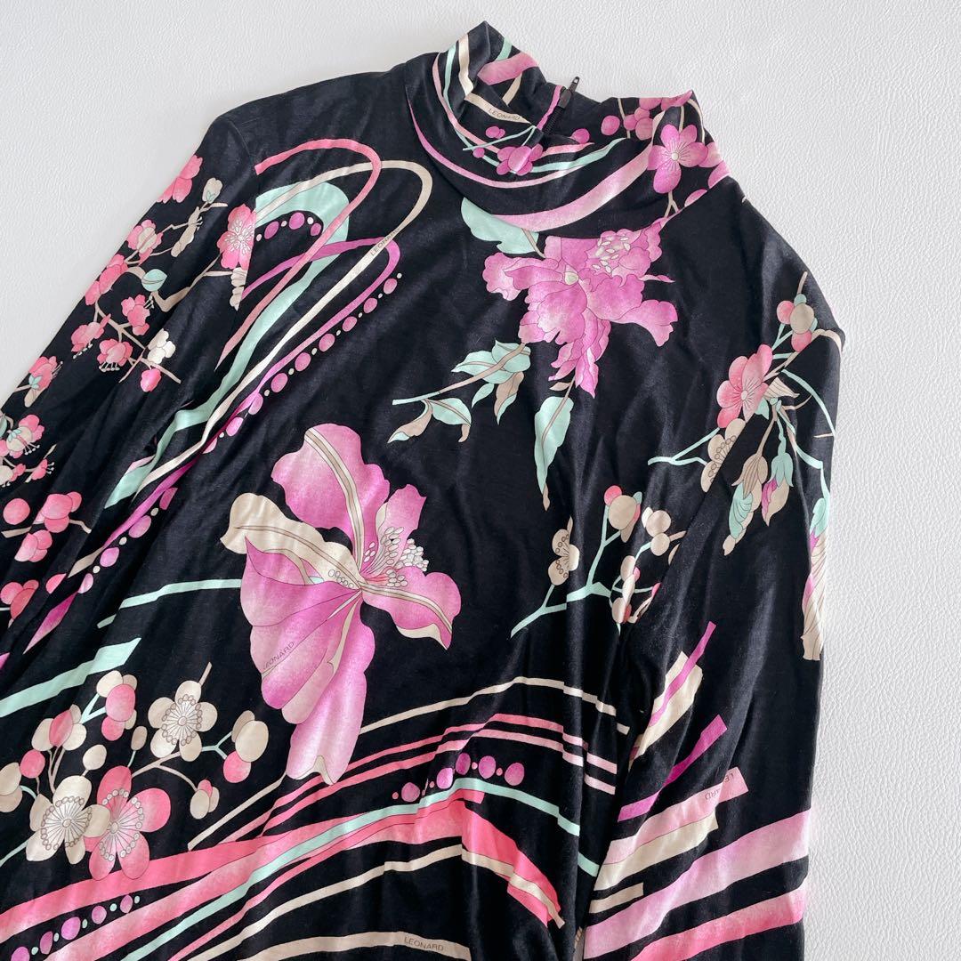 美品✨LEONARD レオナール トップス 長袖 シルク混 花柄 トリム 42