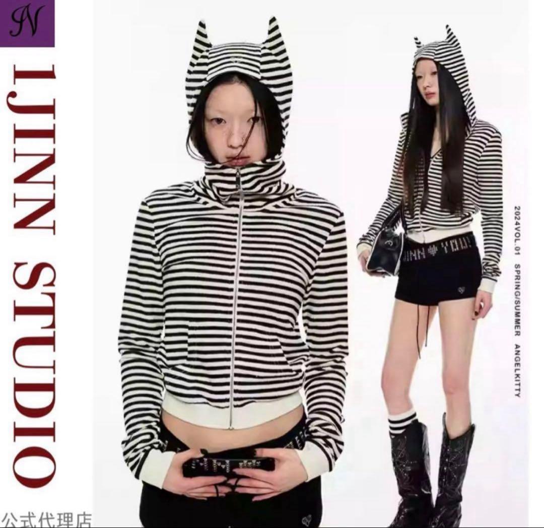 1jinnstudioストライプ 猫耳フード付きパーカー　新品未使用