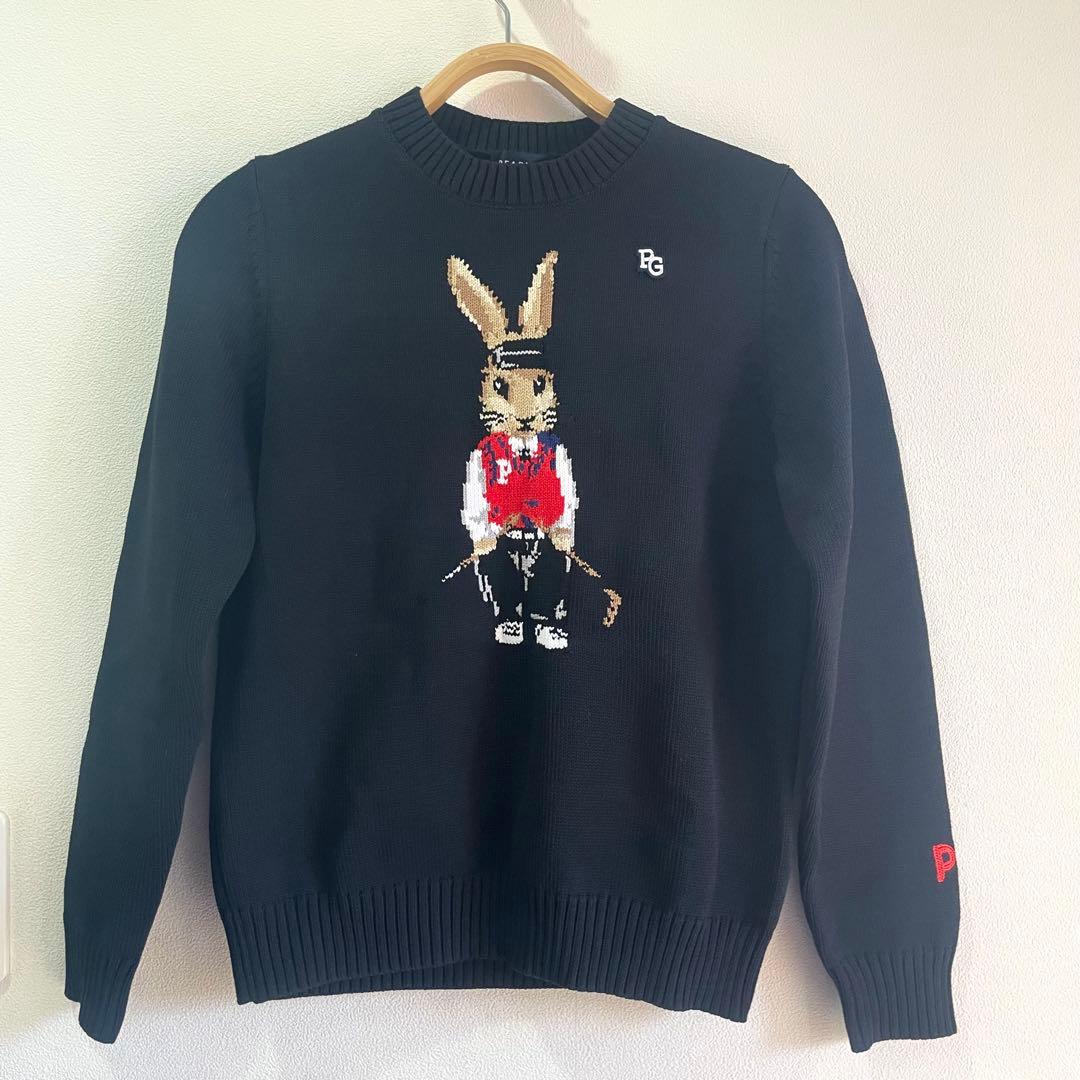 パーリーゲイツ インターシャ クルーネックニット　黒トラッドラビット O うさぎ