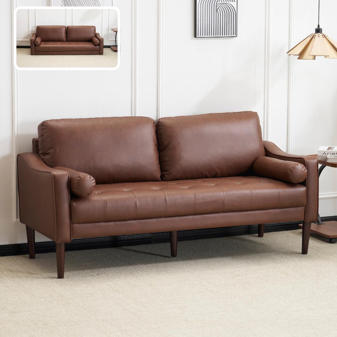 ブラウン ソファー 3人掛け カウチソファ リビングソファ PUレザータイプ