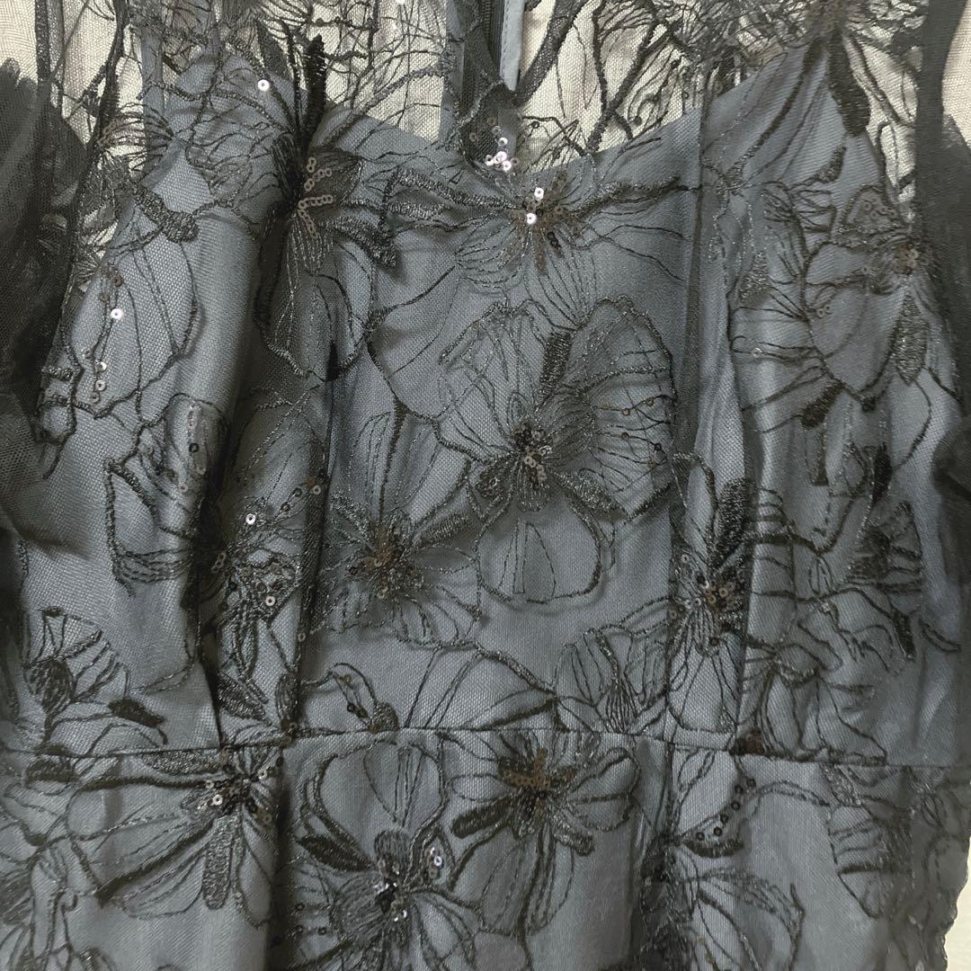 美品　人気　ニアナ　スパンコール刺繍レースドレス キーホールネック　ブラック　Ｌ