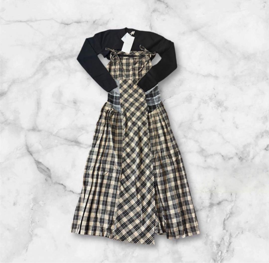 ワンピース andmary Nadia check long dress beige