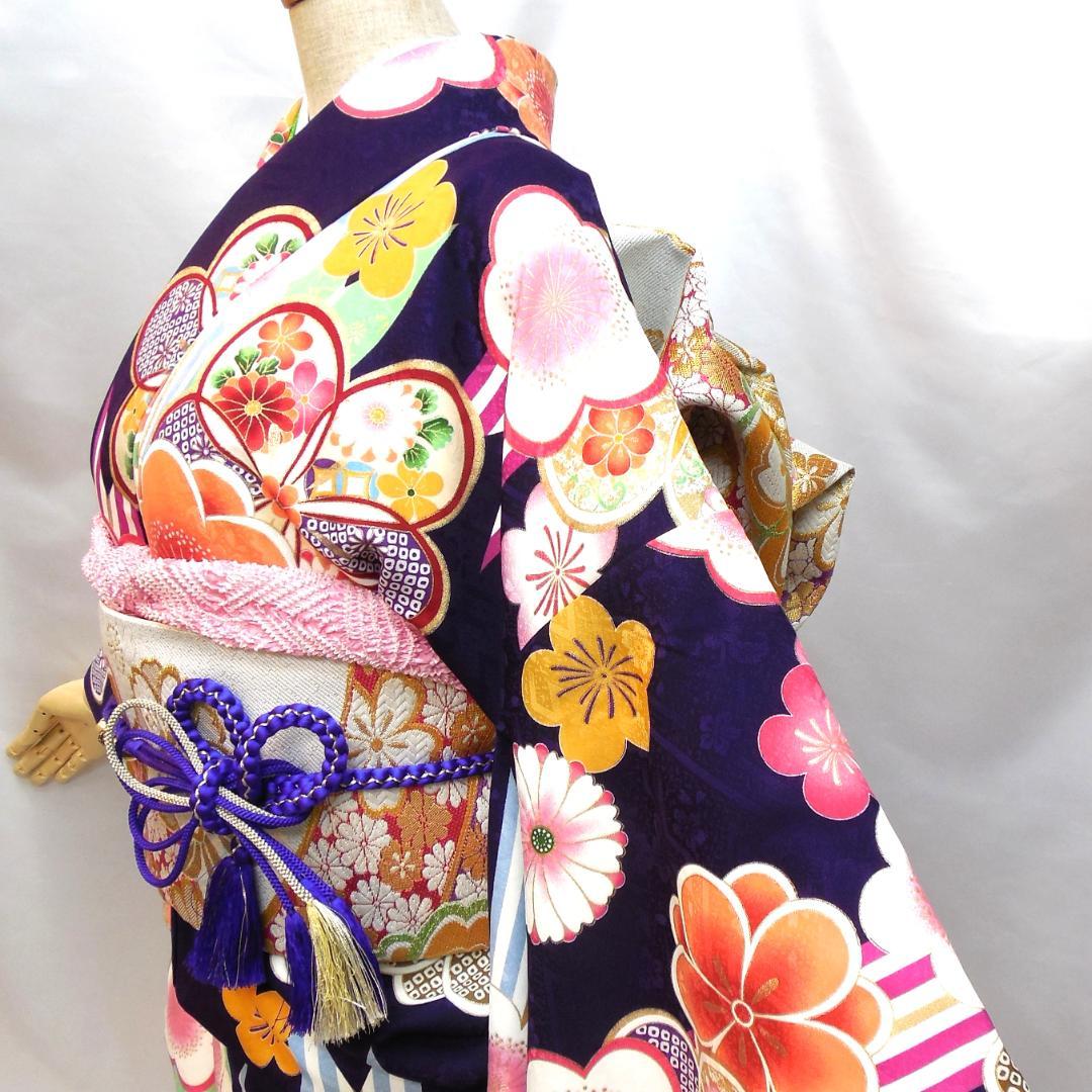 未使用品★洗える振袖　振袖フルセット　ポリ　成人式　振袖　M～Ｌサイズ　紺　花柄