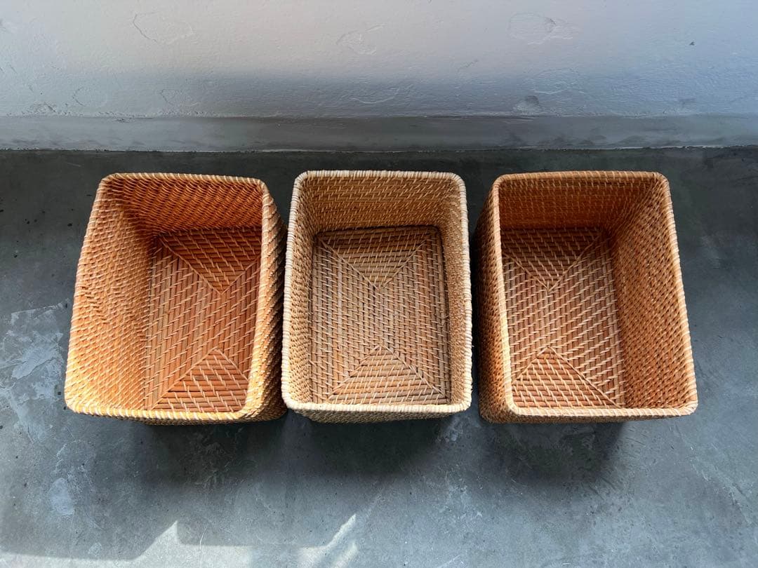 無印良品 重なるラタン長方形バスケット・大 ３個セット