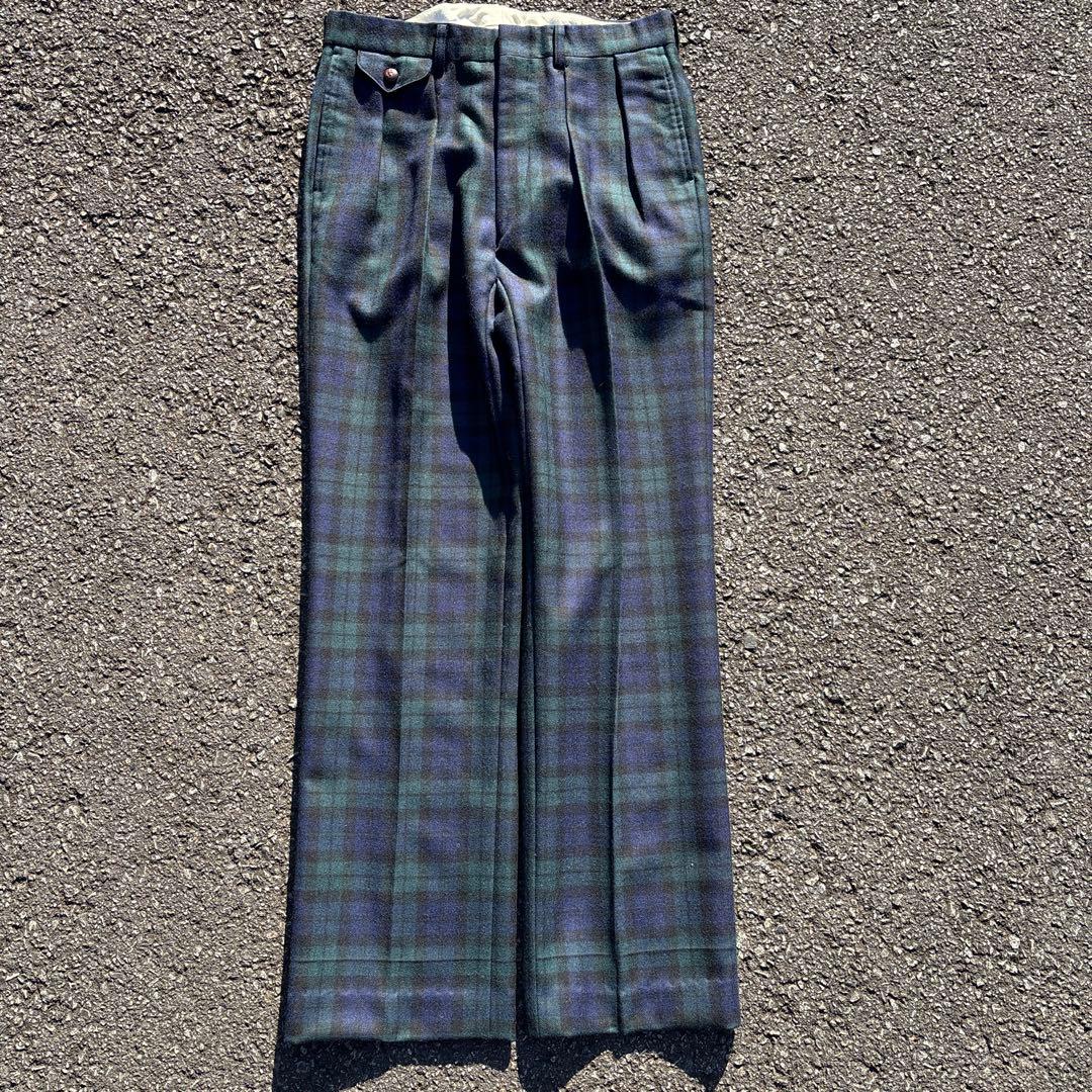 希少 90s 2タック ウール ワイドスラックス 濃紺チェック 極太