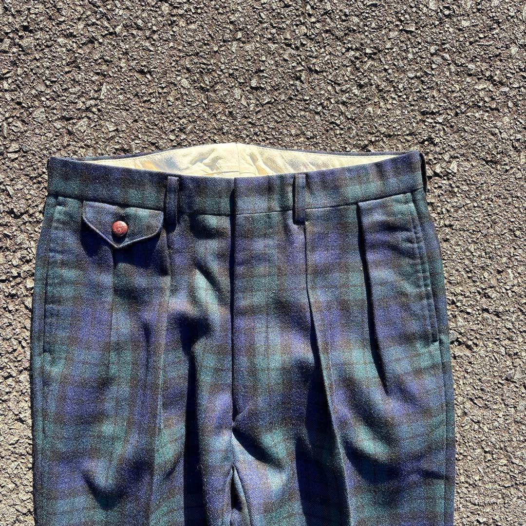 希少 90s 2タック ウール ワイドスラックス 濃紺チェック 極太