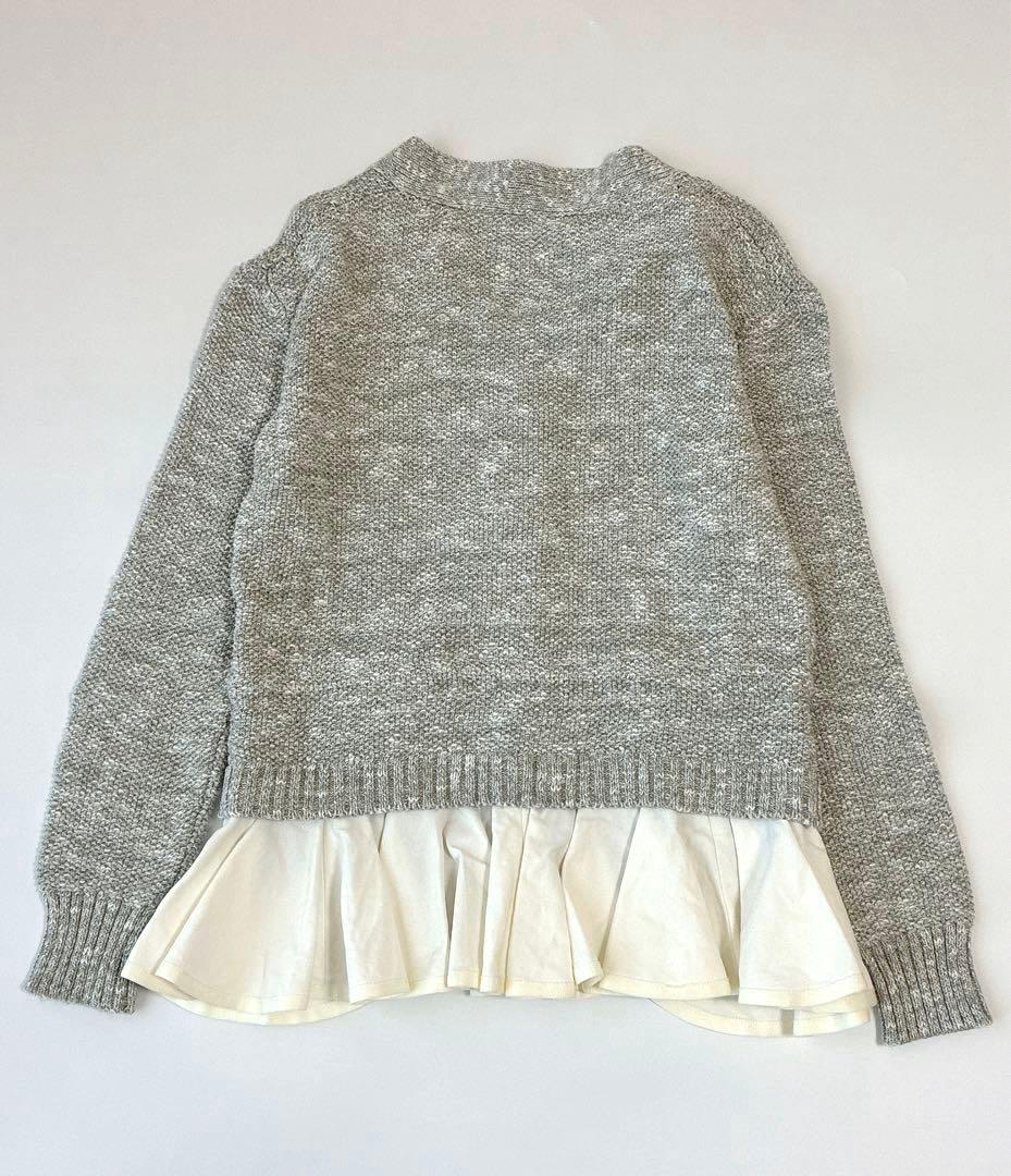sacaiライトグレー コットンニットカーディガン 長袖 裾フリル ドッキング