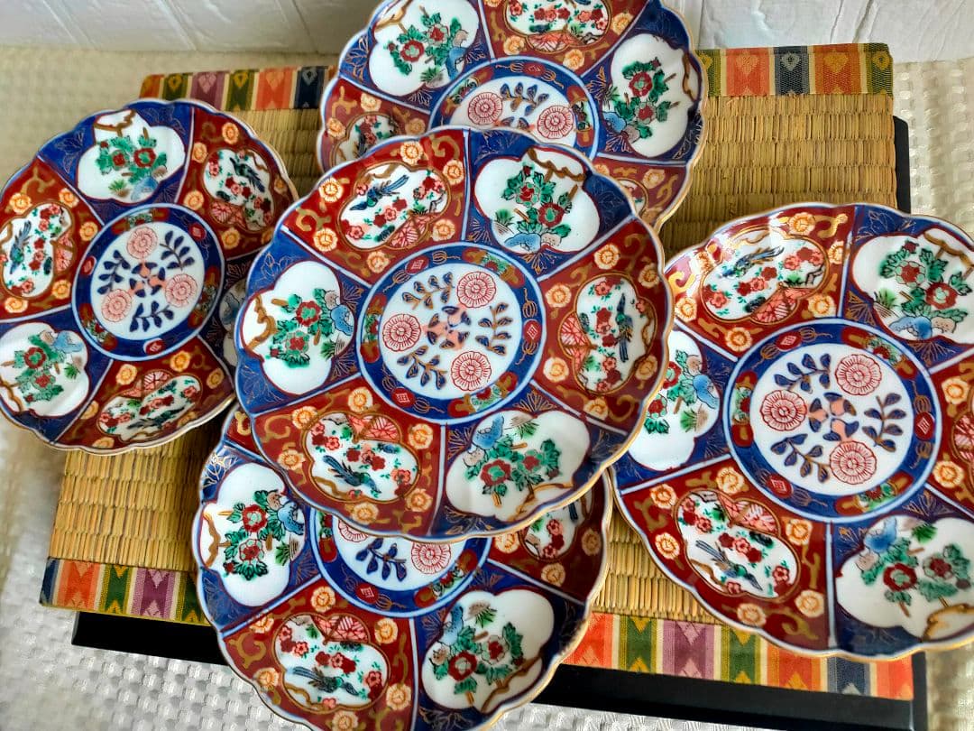 蔵出し 工芸品古伊万里 有田焼 盛皿揃 箱 秀峰作 金彩 絵付 印