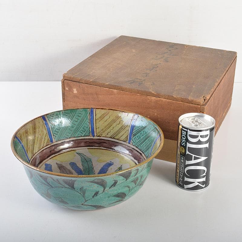 九谷焼　古九谷　青手九谷　草文　菓子鉢　時代箱付　V　R7129