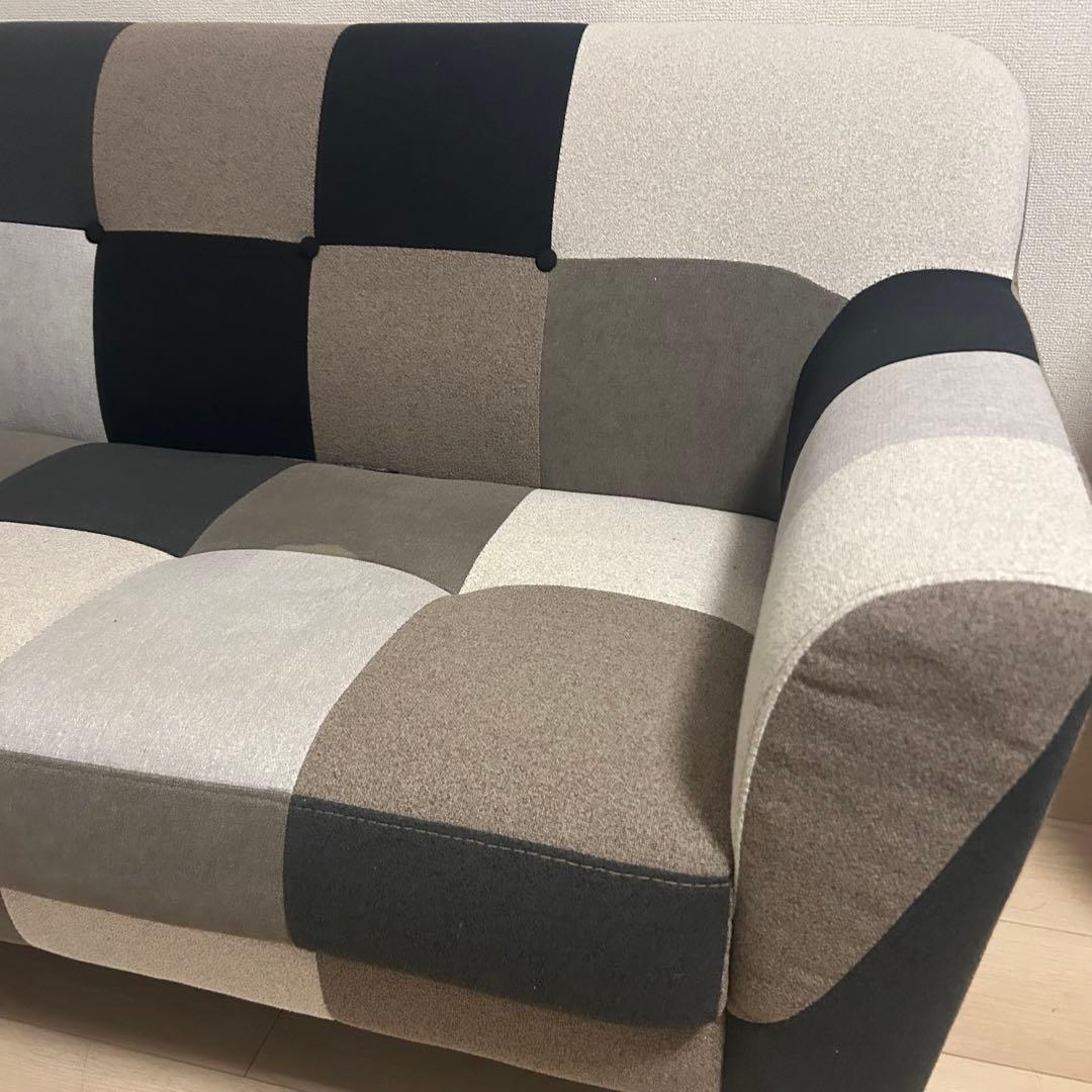 モノクロ　ブラウン　パッチワーク　ソファー　二人掛け