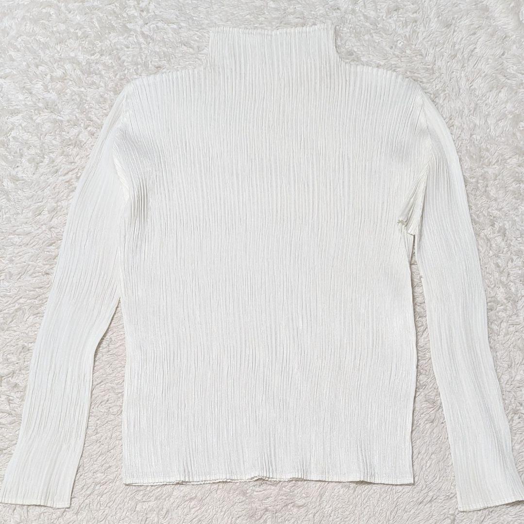 プリーツプリーズ 長袖 カットソー ハイネック 日本製 洗える LL ホワイト