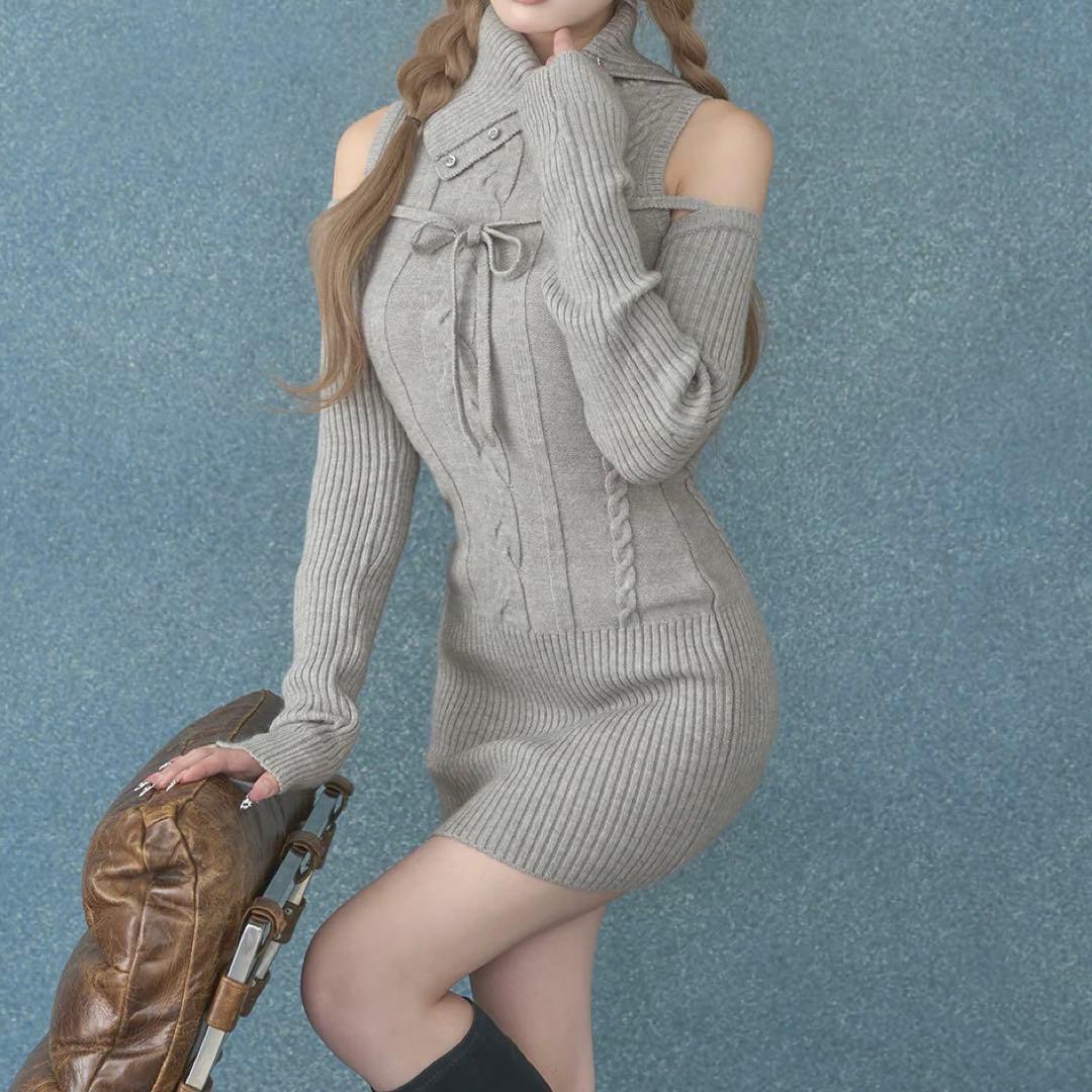Darich ダーリッチ デザインネックニットミニワンピース GRY ♡