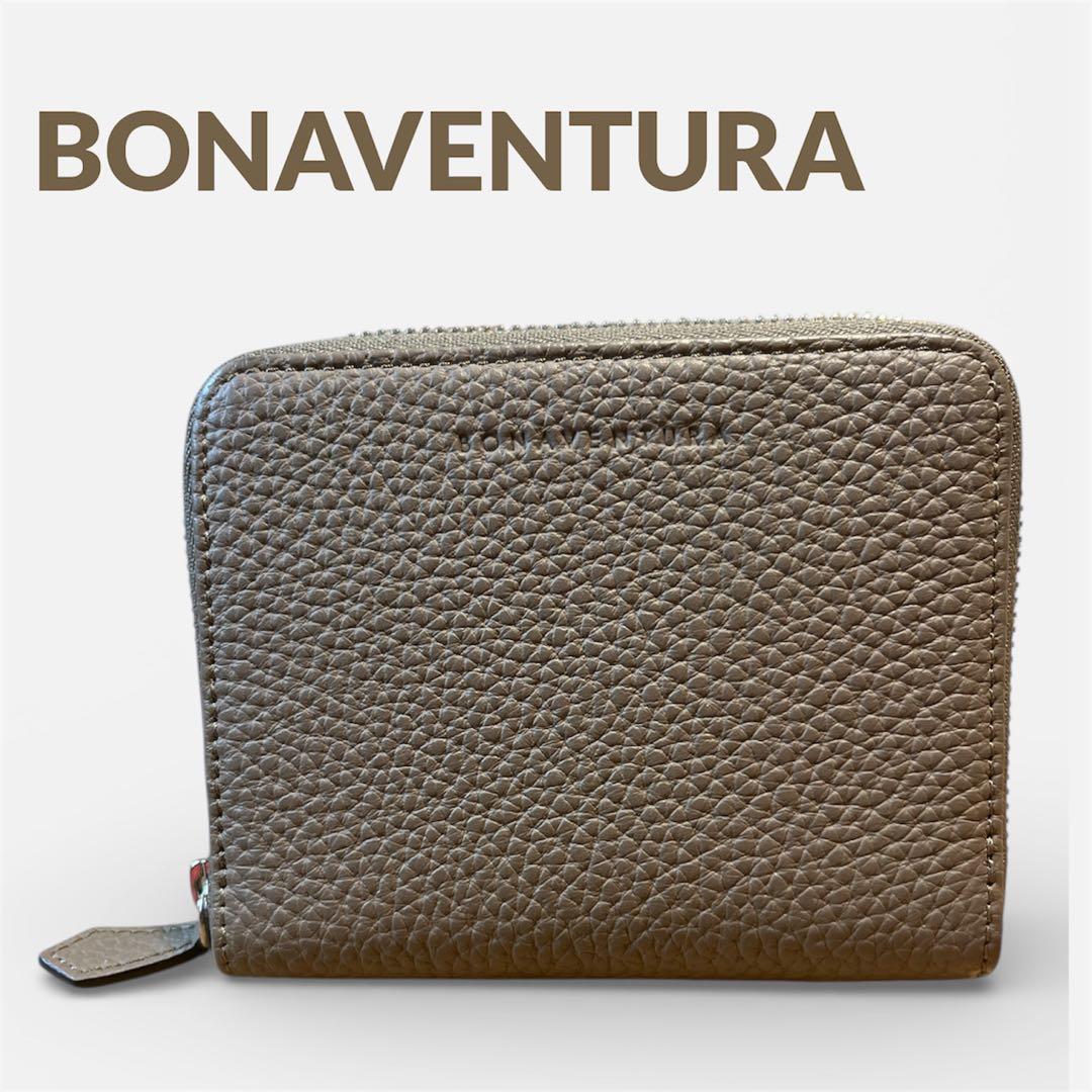 極美品 BONAVENTURAミニ財布ラウンドジップウォレット グレージュ 本革