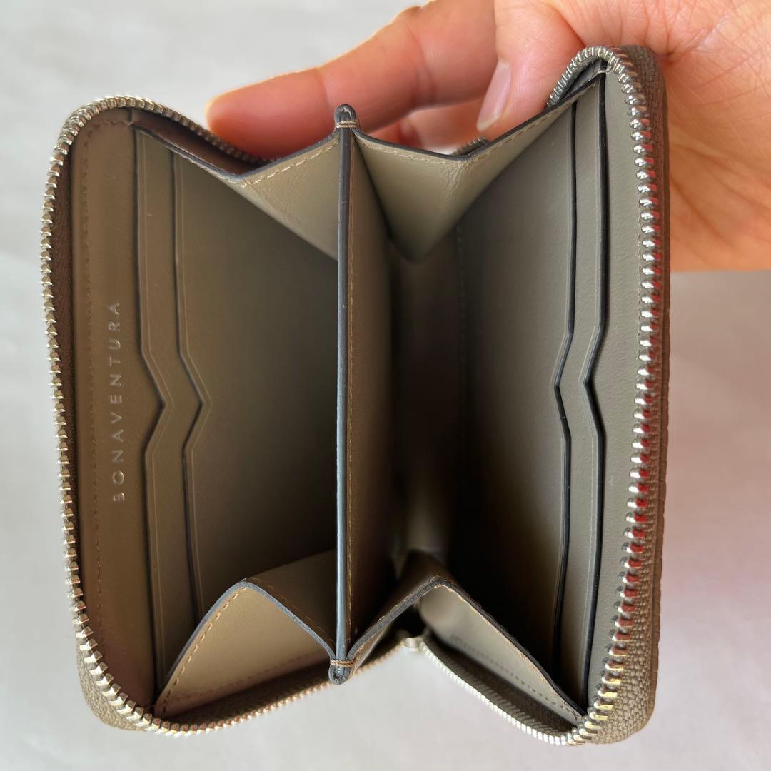 極美品 BONAVENTURAミニ財布ラウンドジップウォレット グレージュ 本革